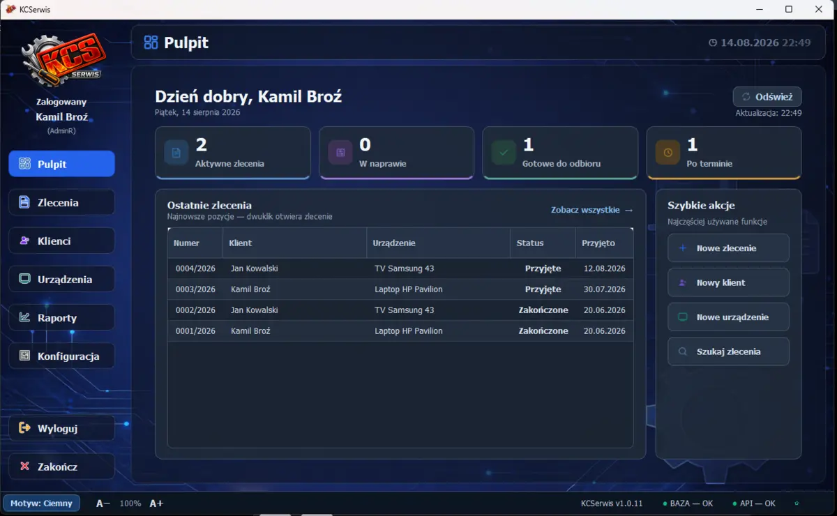 Pulpit programu KCSerwis w ciemnym motywie
