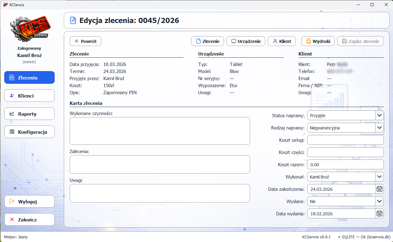 Edycja karty zlecenia