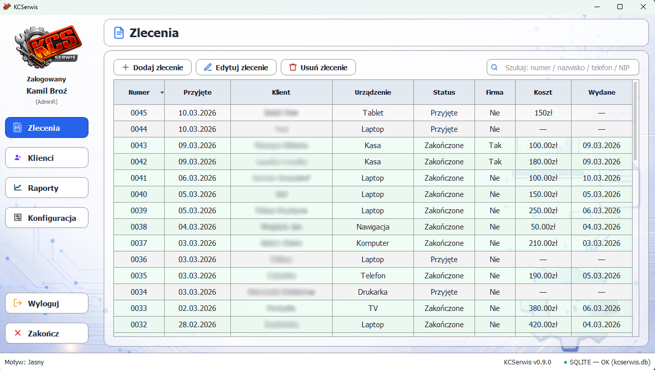 Instalator KCSerwis w ciemnym motywie