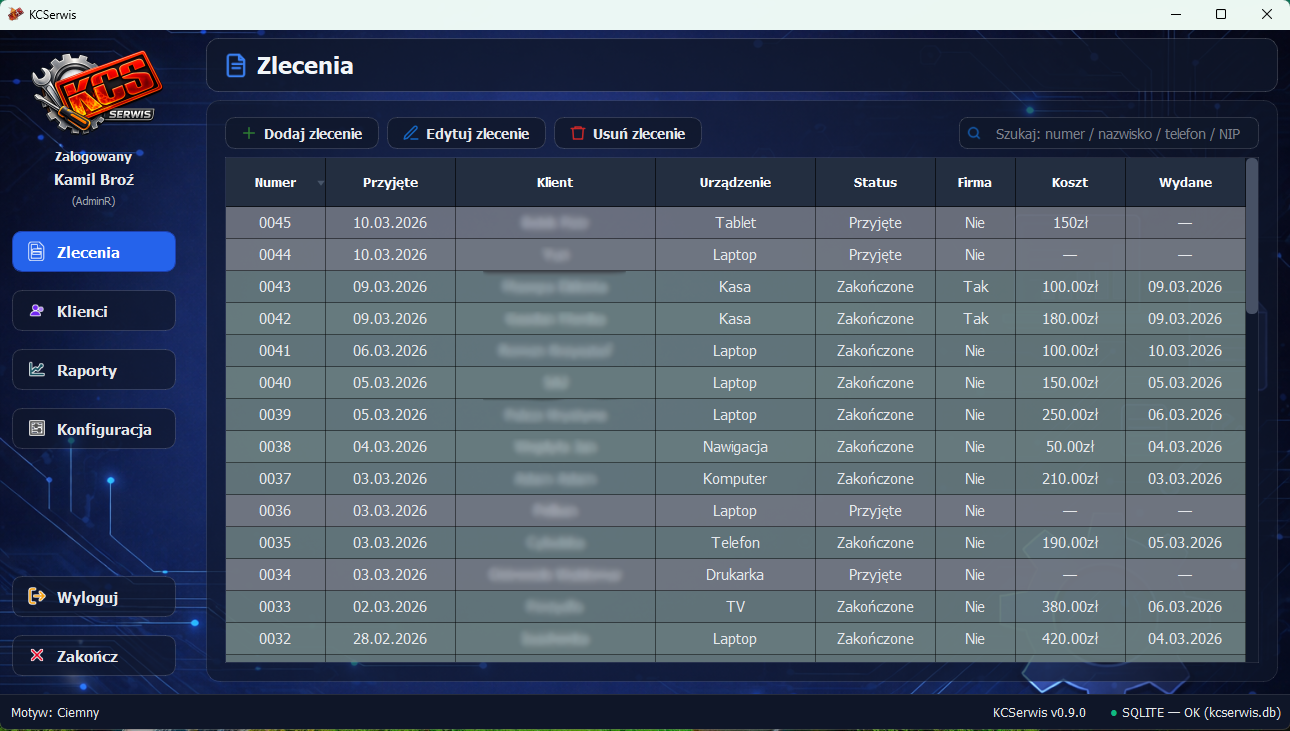 Lista zleceń w jasnym motywie