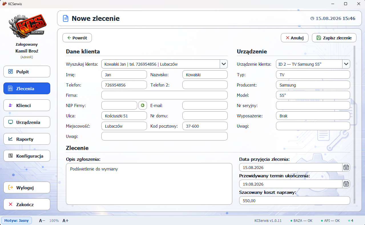 Przyjmowanie nowego zlecenia