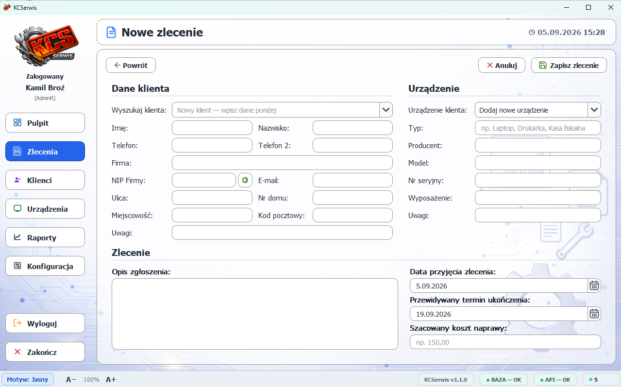 Przyjmowanie nowego zlecenia — jasny motyw