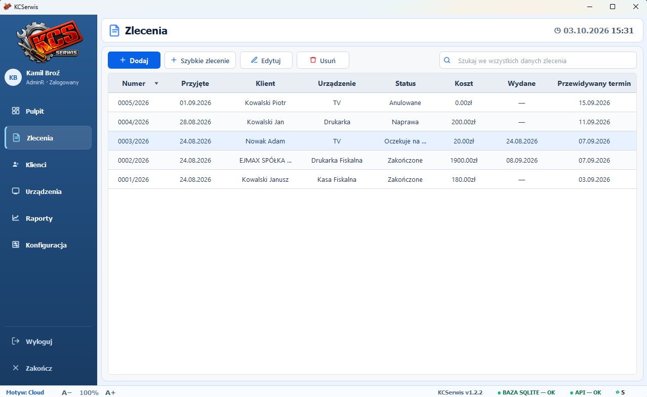 Lista zleceń — motyw Cloud