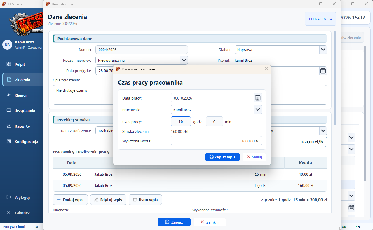 Rozliczenie pracy kilku pracowników — motyw Cloud