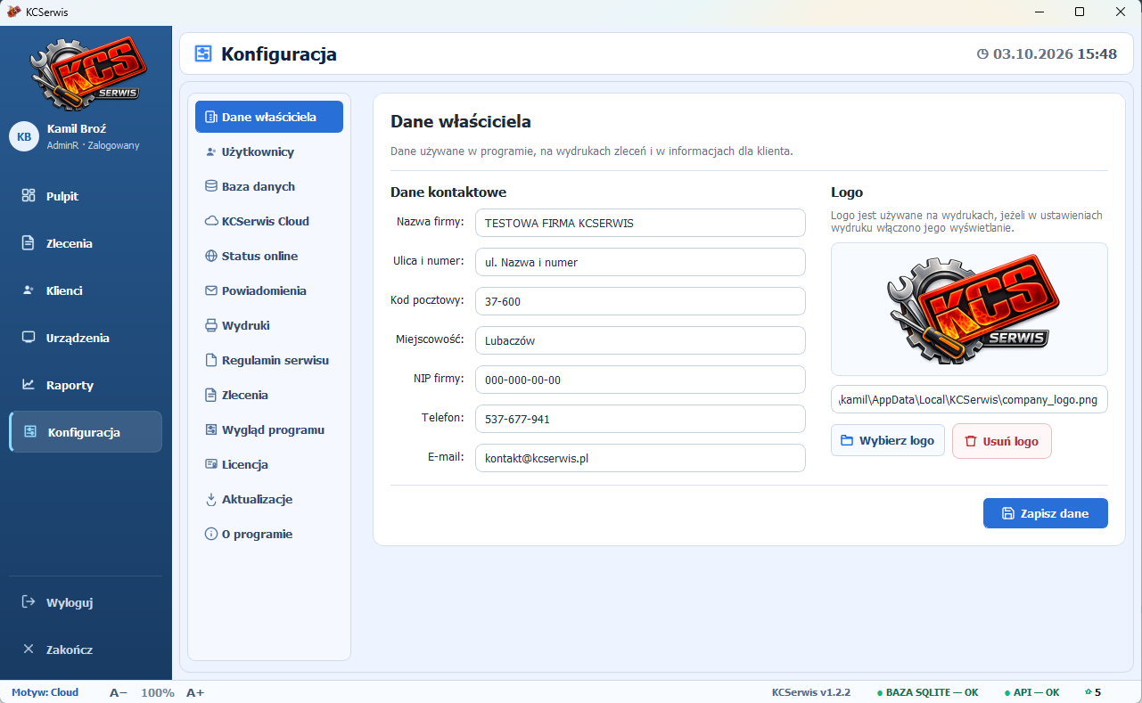 Rozbudowana konfiguracja programu — motyw Cloud